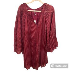 Anthropologie Burgundy Pleated Long Sleeve Dress